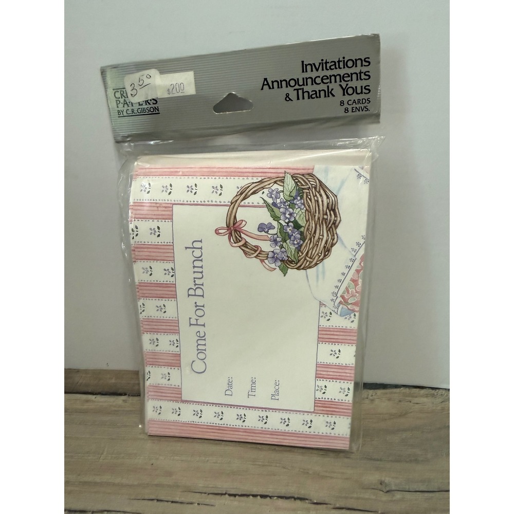 Vintage CR Gibson Come For Brunch Invitations Floral Basket Pink Stripe 8 Count